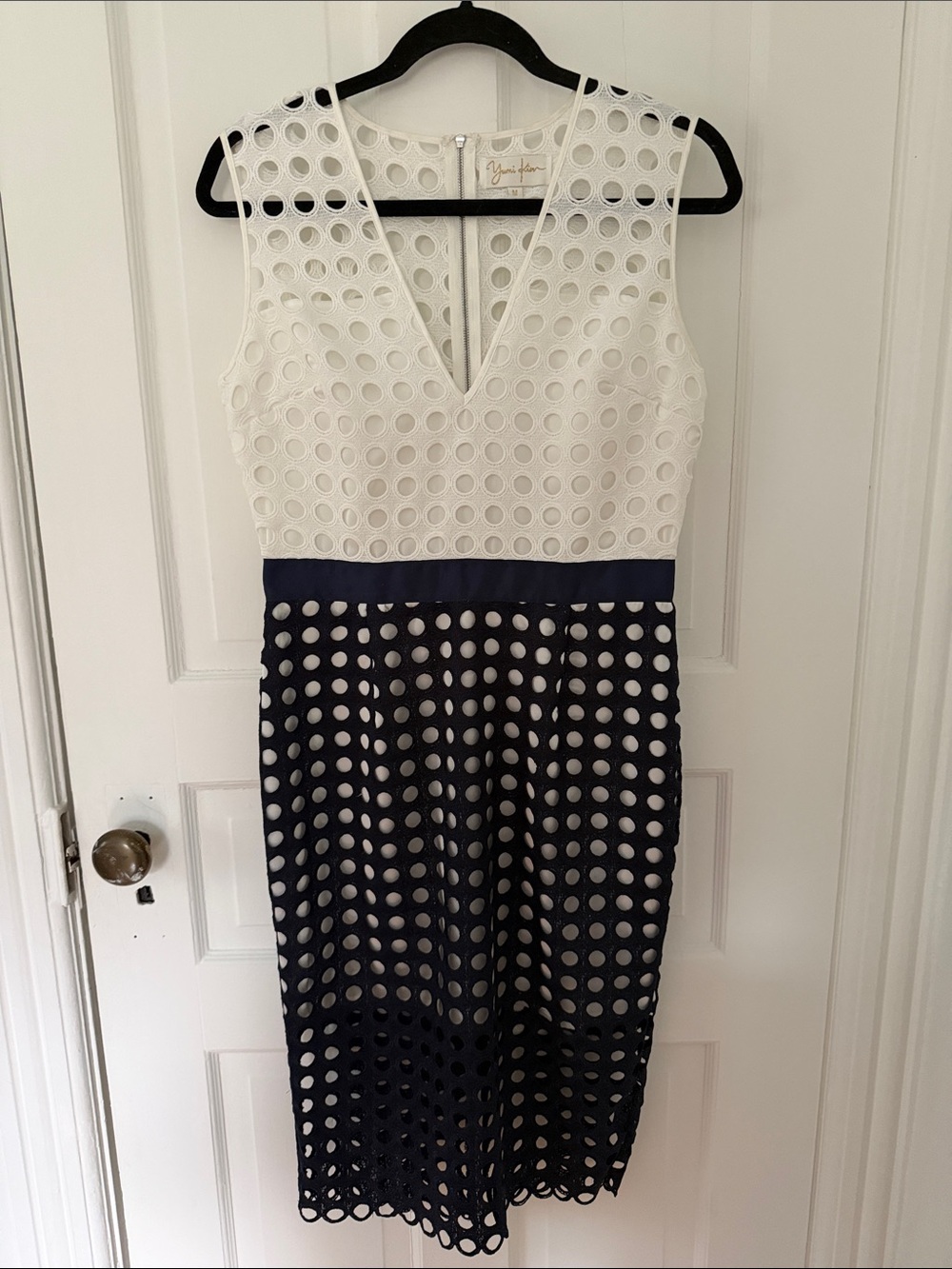 Yumi Kim White and Navy Eyelet V‑Neck Midi Dress